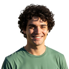 Young man with curly hair and bright smile radiating confidence and positivity outdoors
