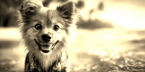 Happy dog enjoys a sunny day at the beach wearing a shirt by the shoreline