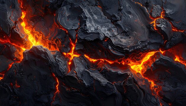 Molten rock fissures flow through a dark volcanic landscape, showcasing vibrant orange and fiery hues.