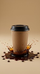 A to-go coffee cup with a lid sits on a beige background. Around the base of the cup is a splash of dark brown liquid and scattered coffee beans.