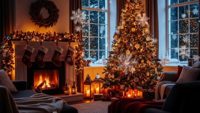 Cozy Christmas living room with decorated tree and fireplace