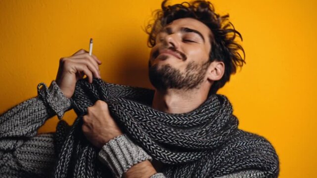 A cinematic close-up portrait of a stylish and handsome man smoking a cigarette, captured with dramatic lighting and moody tones, emphasizing charisma, confidence, and timeless masculinity; smoking