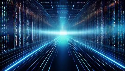 digital binary code futuristic hallway technology background illuminated data stream