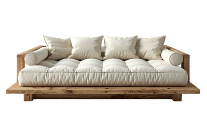 Obraz premium Modern sofa featuring a wooden frame and a tufted cream-colored mattress, with several matching rectangular and cylindrical pillows offering comfort and enhancing the minimalist design.