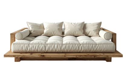 Modern sofa featuring a wooden frame and a tufted cream-colored mattress, with several matching rectangular and cylindrical pillows offering comfort and enhancing the minimalist design.