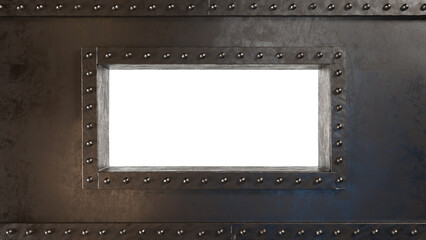 A steampunk-style iron bunker with an embrasure or window and rivets. Iron military bunker
