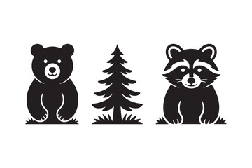 Cute black bear and raccoon with pine tree illustration