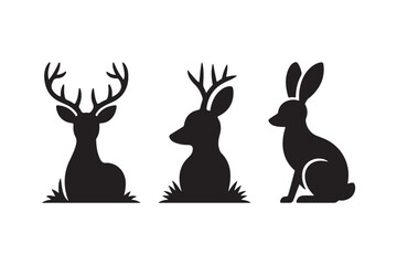 Three silhouette animals deer and rabbit in grass