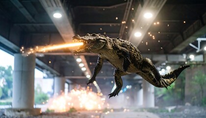 Flying Crocodile Breathing Fire Underneath an Overpass Scene