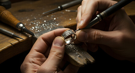 Detailed close-up of hands engraving jewelry, symbolizing precision, artistry, and dedication to handmade work.