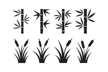 Black silhouette bamboo and cattail plants illustration