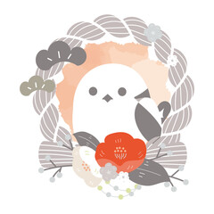 灰色しめ縄とシマエナガ、椿の和風リース（お正月飾り）/Gray Shimenawa Wreath with Long-tailed Tit and Camellia Flower