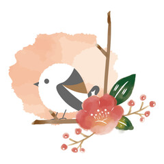 水彩風の和柄と横向きシマエナガのイラスト
/Watercolor Japanese Style Illustration of Long-tailed Tit and Camellia Flower