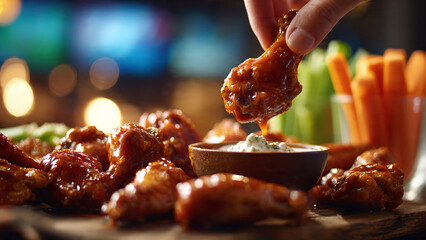 Enjoy delicious saucy chicken wings with creamy dip, perfect for game day celebrations and restaurant menus, a tasty appetizer or snack for sharing