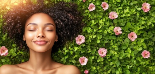 Woman with curly hair lies in grassy field with pink flowers in Spring sunshine, enjoying the warmth and beauty