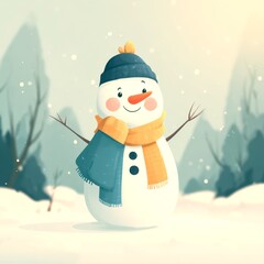 Cheerful snowman stands in a snowy landscape with mountains in the background on a sunny winter day