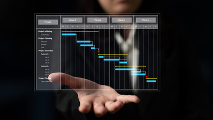 A professional displaying a Gantt chart visualization that highlights project timelines, tasks, and...