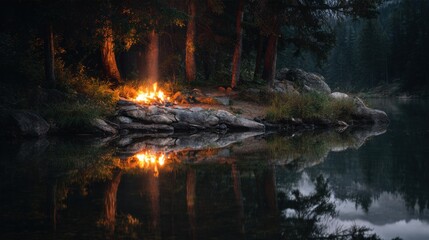 Cozy campfire glowing beside calm forest lake at night with warm reflections, peaceful outdoor camping atmosphere, wilderness nature landscape in darkness on white background 
