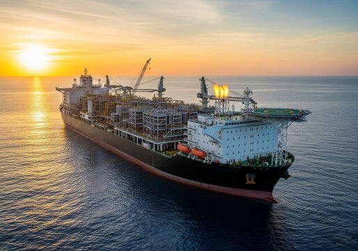 A floating production, storage and offloading (FPSO) vessel operating on the open sea at sunset