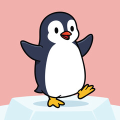 Obraz premium Cute penguin walking on ice block cartoon character illustration with pink background vector design