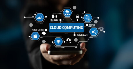 A hand holds a smartphone displaying cloud computing concepts, illustrating data storage, privacy, backup, and big data in a sleek digital environment. Tessel