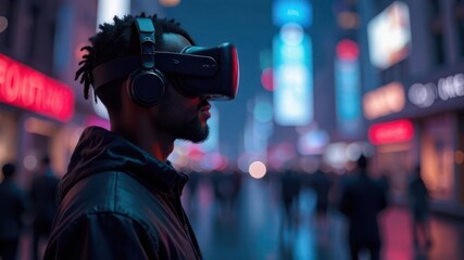 young african american person wearing vr headset in vibrant city street at night with glowing neon lights. technology and future concept. urban scene, virtual reality, digital innovation.
