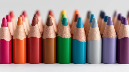 Row of colored pencils with vibrant hues and sharp points stand. AI generated.