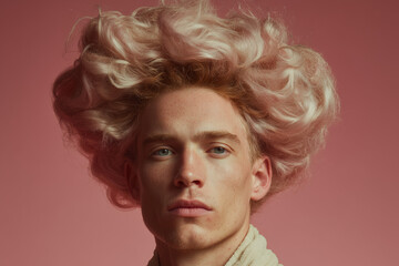 Confident man with voluminous hairstyle posing against a pink background. Modeling campaign to promote hair care products and modern grooming.