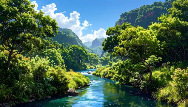 A serene river winds through a lush valley, framed by towering mountains and vibrant greenery under a brilliant sky. - Powered by Adobe