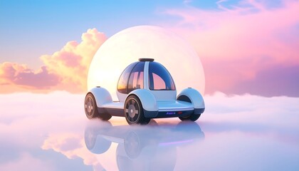Futuristic Concept Vehicle Floating in a Dreamy Cloudscape at Sunset