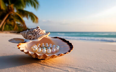 Beach Treasure Shell with Pearls Exotic Tropical Paradise Tranquil Seascape Jewelry Luxury Coastal Dream Vacation Ocean