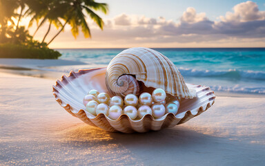 Exquisite Seashell Treasure Trove Glistening Pearls Within Ocean Serenity Embracing Natural Beauty on Tropical Beach