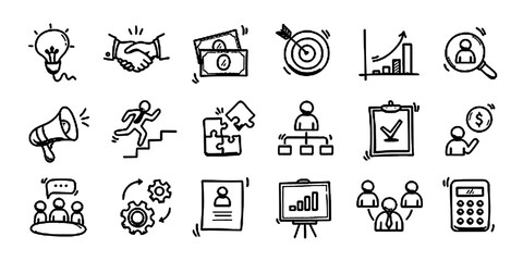 Doodle business icon set. Doodle business strategy, finance, office people teamwork concept. Target, puzzle, chart element. Hand drawn sketch style vector illustration