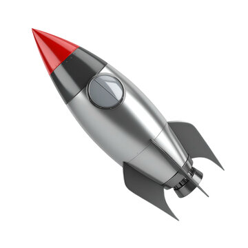 Shiny silver rocket ship with red nose cone and round window details, against a stark black background, symbolizing exploration, innovation, futuristic concepts, and the excitement of space travel.