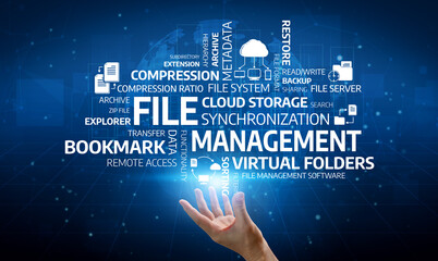 This image illustrates the concept of file management and cloud storage with keywords representing...
