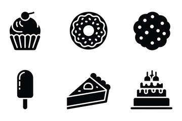 Simple black silhouette icons of delicious desserts for sweet treats and baking concepts