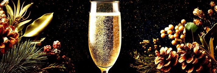 Celebration with golden champagne glass surrounded by festive greenery and decorations at a winter gathering - High Contrast