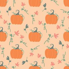 Autumn Pumpkin and Floral Seamless Pattern with Leaves, Flowers, and Plants for Fall and Harvest Design