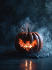 Obraz premium A carved pumpkin with a bat design, glowing candles inside, surrounded by mist, creating a spooky Halloween atmosphere.