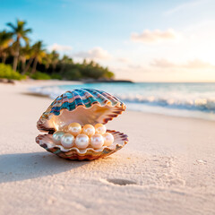 Pearls in an Oyster Shell on a Tropical Beach at Sunset Exotic Vacation Dream Seaside Luxury and Serenity Coastal Bliss