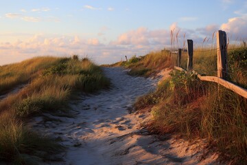 Sandy footpath winding through grassy dunes with a wooden fence on the right, under a partly cloudy sky during sunset.