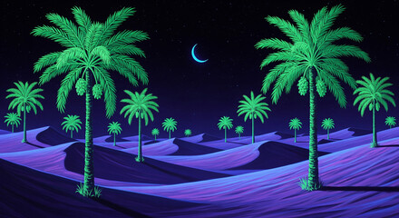Neon desert landscape with glowing palm trees under a crescent moon