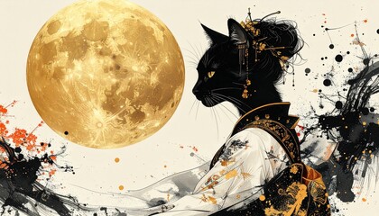 Obraz premium Elegant Cat in Traditional Garb with Full Moon Illustration