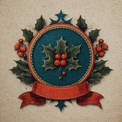 Holiday emblem featuring holly leaves and berries designed for festive celebrations and decorations