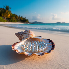 Pearls in a Seashell on a Tropical Beach Paradise Serene Ocean View Exotic Vacation Dream Beautiful Seascape
