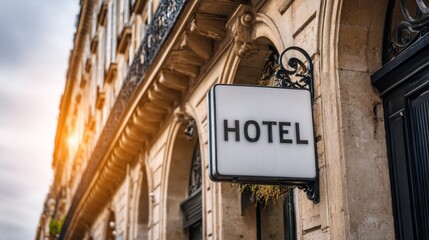 Obraz premium Elegant hotel sign in a charming European city street invites visitors to experience local hospitality during sunset