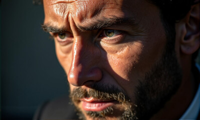 Obraz premium Portrait of man with thoughtful gaze, capturing intensity. Man portrait features a focused expression, highlighting determination and depth, shown in the intense gaze and the beard.