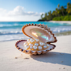 Luminous Pearls in a Seashell Treasure from the Depths on a Tropical Beach Paradise with Azure Waters