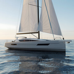 Sailing Serenity A Modern Yacht Gliding on Calm Waters Under Clear Skies with Pristine White Sails Catching the Gentle Breeze