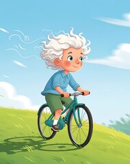 Curly-Haired Boy Riding Bicycle &ndash; Whimsical Children&rsquo;s Illustration